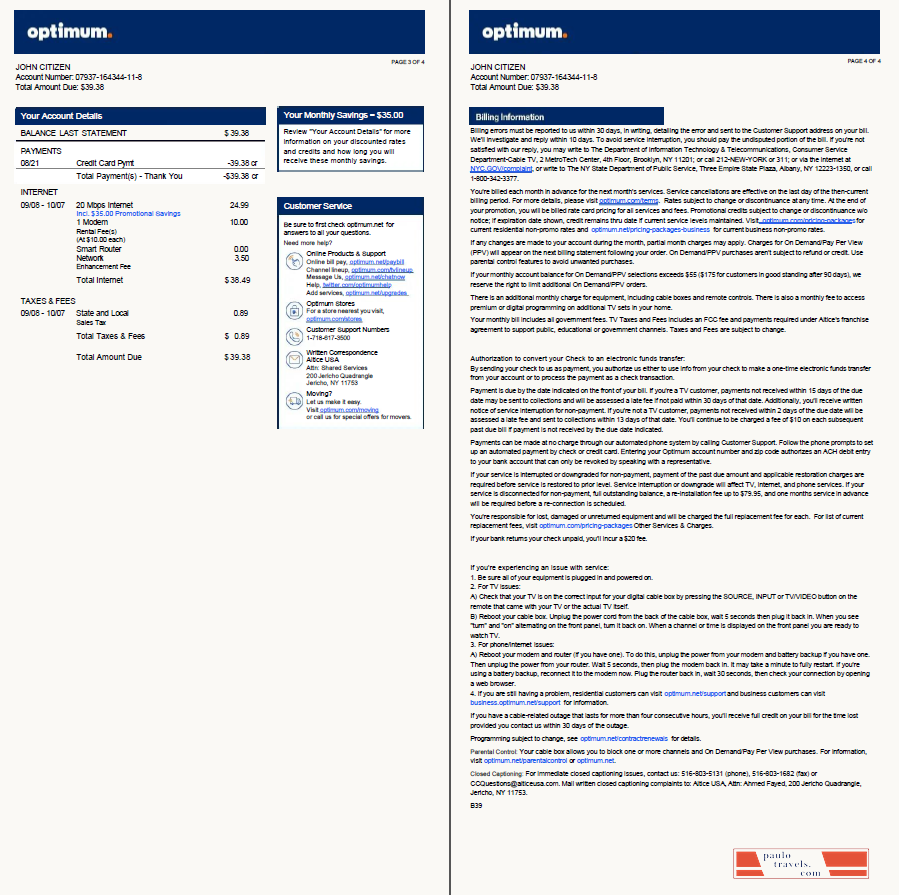 USA Optimum utility bill template in Word and PDF formats, 4 pages, version 2, 3 4 pages
